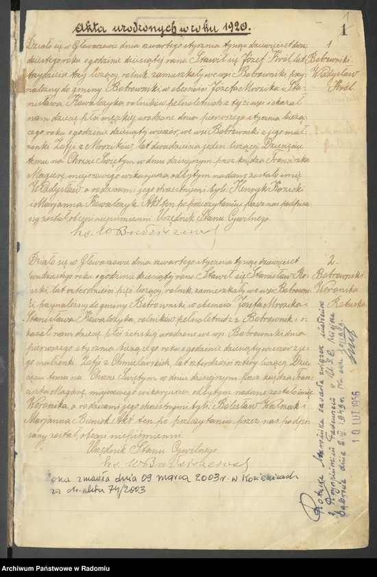 image.from.unit.number "Duplikat akt urodzonych, zaślubionych i zmarłych parafii Głowaczów za 1920 rok"