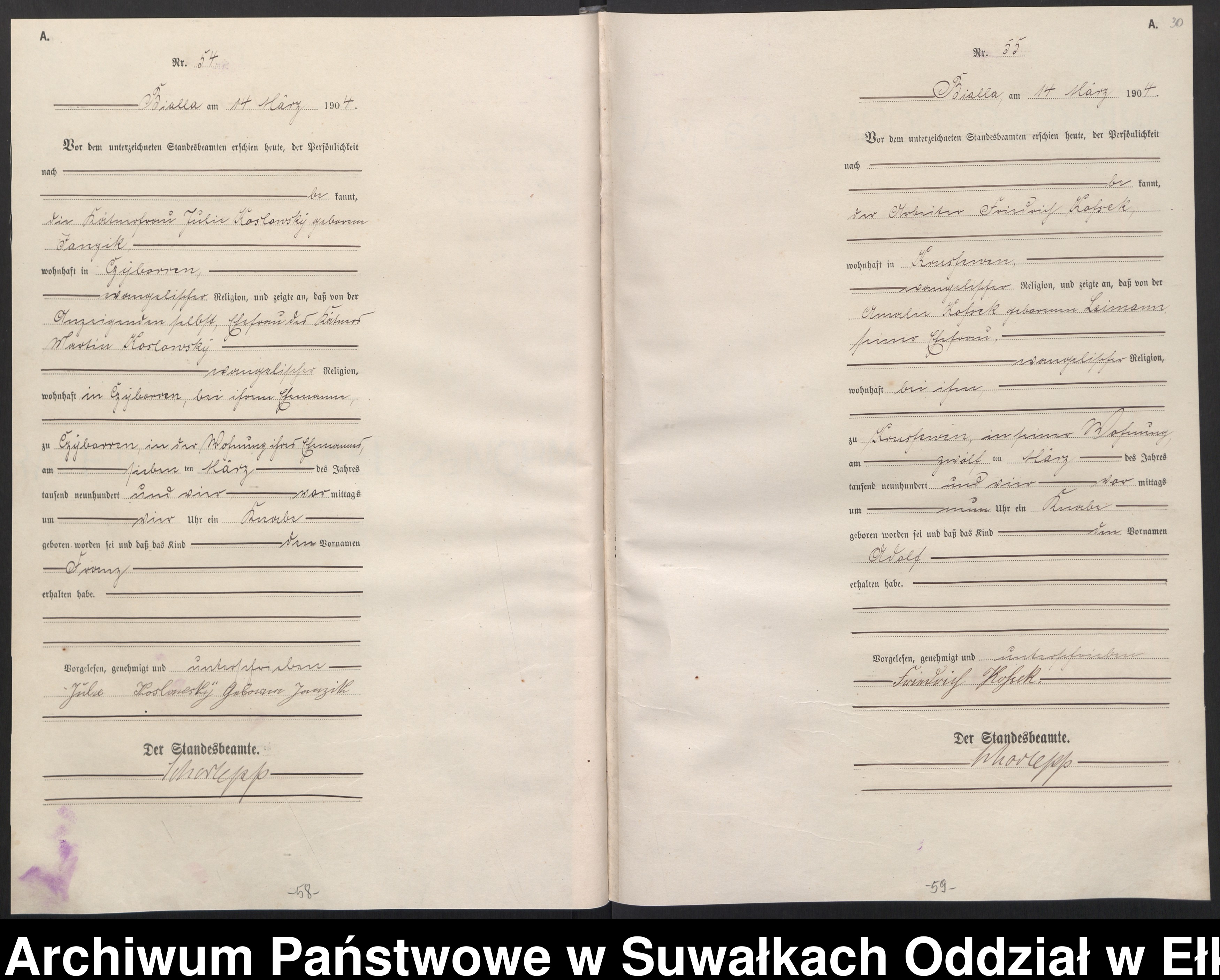 Skan z jednostki: Geburts-Haupt-Register des Königlichen Preussischen Standes-Amtes Bialla Kreis Johannisburg