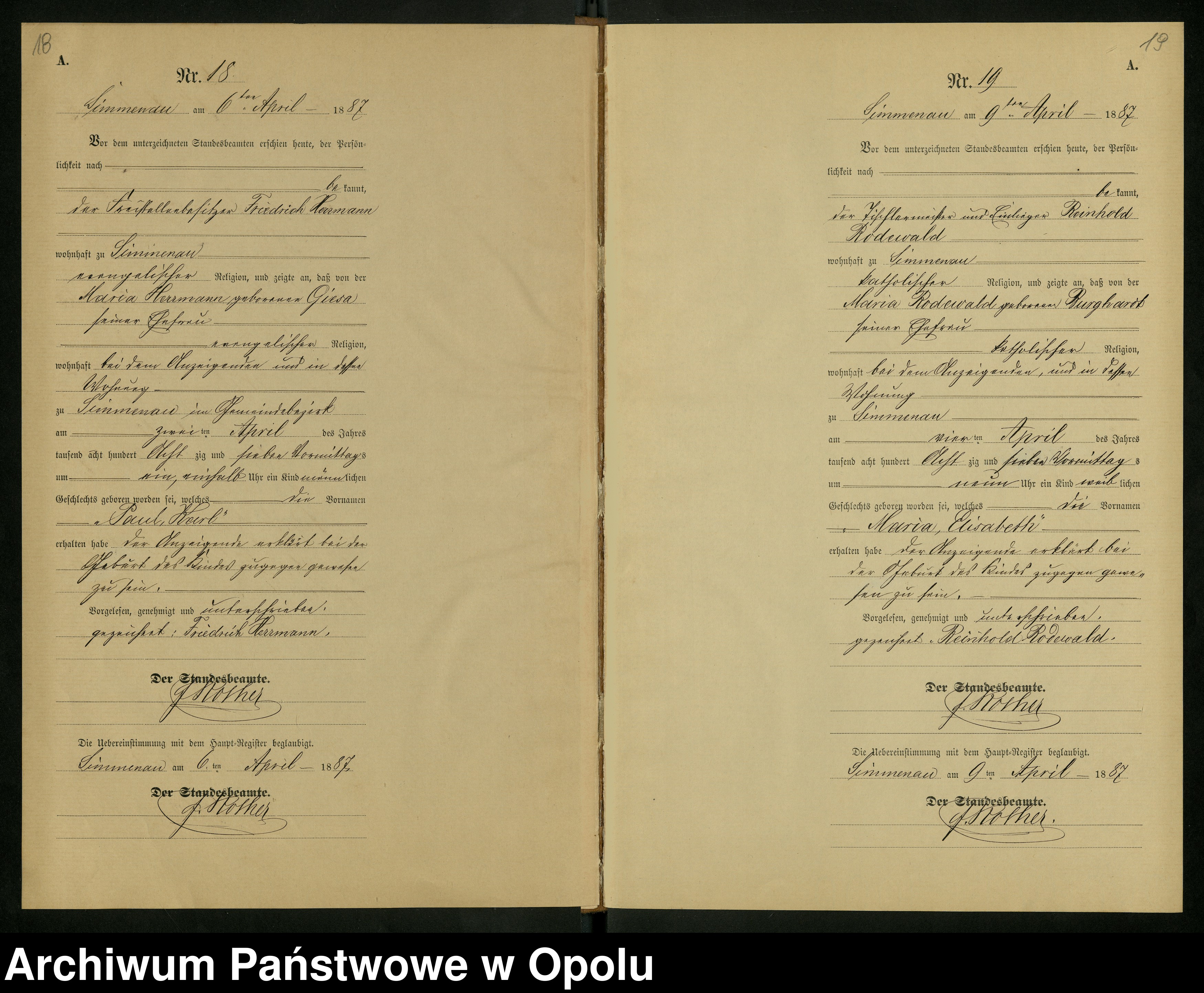 Skan z jednostki: Geburts-Neben-Register Standesamts Simmenau pro 1887