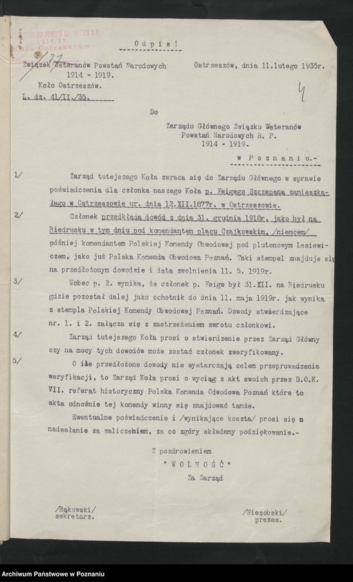 Obraz 9 z jednostki "Komisja Weryfikacyjna Związku Weteranów Powstań Narodowych Rzeczypospolitej Polski - korespondencja."