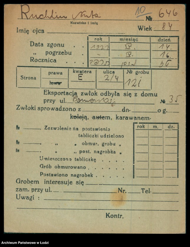 Obraz 11 z jednostki "Kartoteka osób pochowanych na cmentarzu żydowskim przy ulicy Brackiej w latach 1892-1956. Nazwiska na litery: Rubl-Rz"