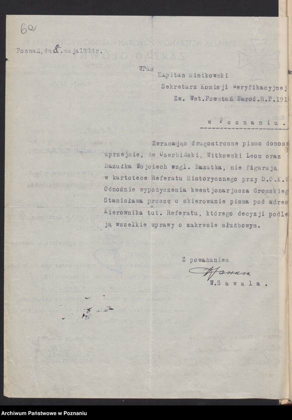 Obraz 12 z jednostki "Komisja Weryfikacyjna Związku Weteranów Powstań Narodowych Rzeczypospolitej Polski - korespondencja."