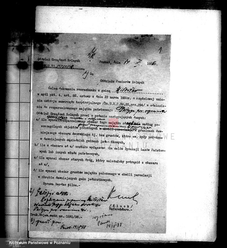 Obraz 5 z jednostki "Rozliczenie z gminą Miłosław odnośnie rozparcelowanego obszaru dworskiego Połczyn w powiecie wrzesińskim"