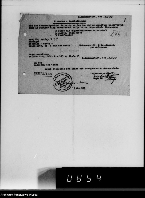 Obraz 12 z jednostki "[Konfiskata przez Kripo w Getcie ruchomego mająktu żydowskiego] Nr 1-250"