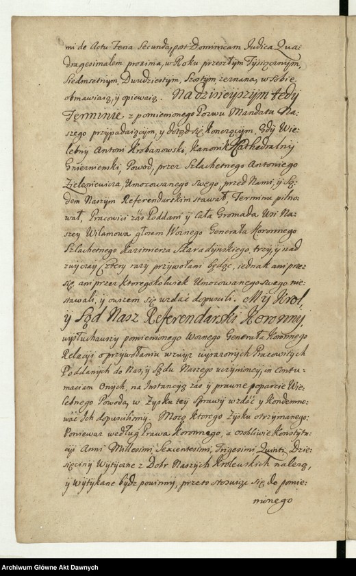 image.from.unit.number ""Akta sądow J K Mci referendarskich koronnych za szczęśliwego panowania - - Augusta II króla polskiego - - Za sprawą i przełożeniem - - Jakuba na Skrzynnie Dunina referendarza koronnego, radoszyckiego, ex post wiślickiego i lipnickiego starosty. Annorum 1727-mi, 1728-vi et 1729-ni. Także za sprawą i przełożeniem - - Józefa na Załuskach Załuskiego referendarza koronnego, kanonika katedralnego krakowskiego, archidiakona pułtuskiego, w katedrze płockiej koadiutora, proboszcza warszawskiego, infułata proboszcza kodeńskiego. Annorum 1730, 1731, 1732-di. Za pisarstwa - - Michała Nagrodzkiego J K Mci sekretarza i pisarza referendarskiego koronnego"."