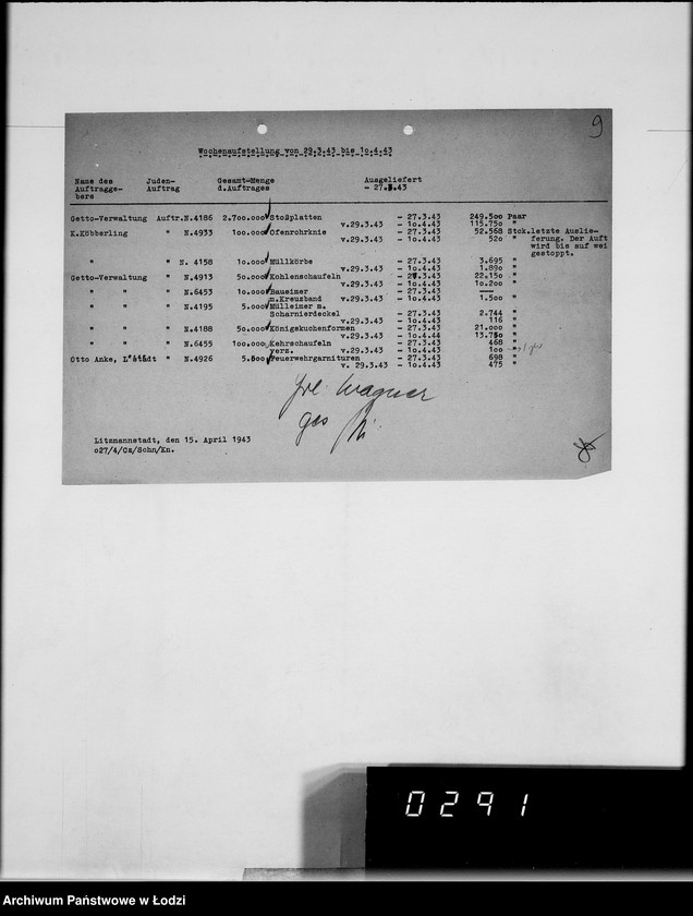 Obraz 13 z jednostki "Wochenberichte der Abteilungen.[Zestawienia zamówień i dostaw]"