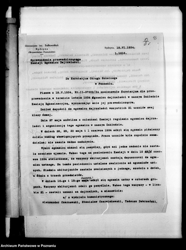 Obraz 16 z jednostki "Prywatne Gimnazjum imienia Sułkowskich- Rydzyna [sprawozdanie z egzaminu dojrzałości z wykazem abiturientów]"