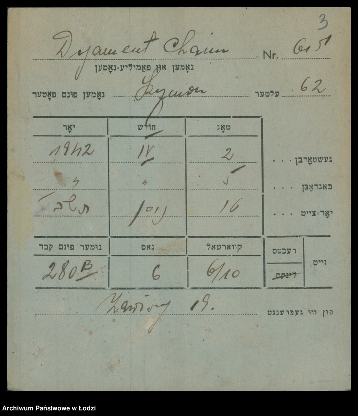 Obraz 4 z jednostki "Kartoteka osób pochowanych na cmentarzu żydowskim przy ulicy Brackiej w latach 1892-1953. Nazwiska na litery: Dy-Dz"