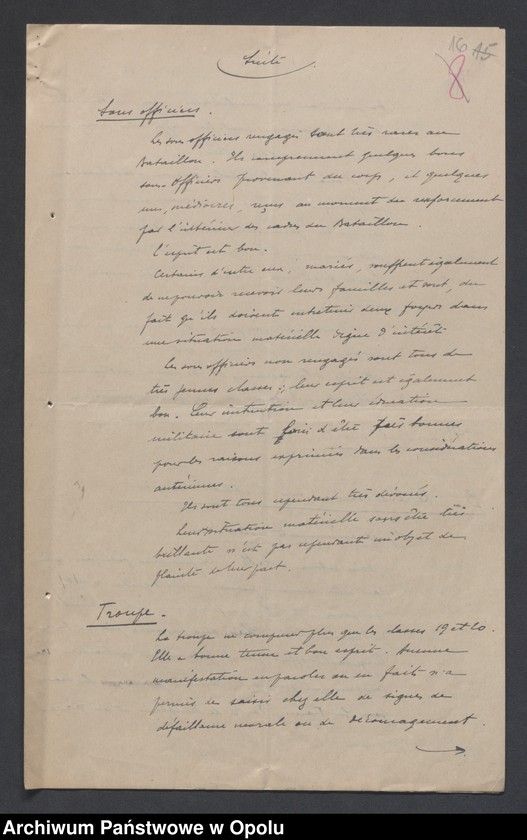 Obraz 16 z jednostki "/Raporty miesięczne oddziałów wojsk francuskich o morale żołnierzy/ V 1920"
