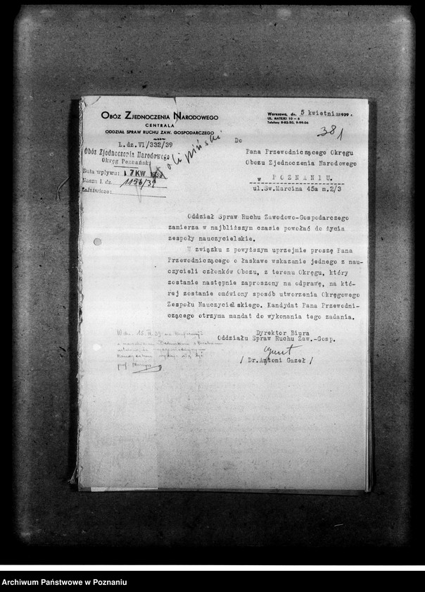 Obraz 4 z jednostki "Pisma okólne, instrukcje oraz korespondencja dotycząca organizacji i zadań zespołów nauczycielskich Obozu Zjednoczenia Narodowego. Listy obecnych na odprawach delegatów w/w sprawie"