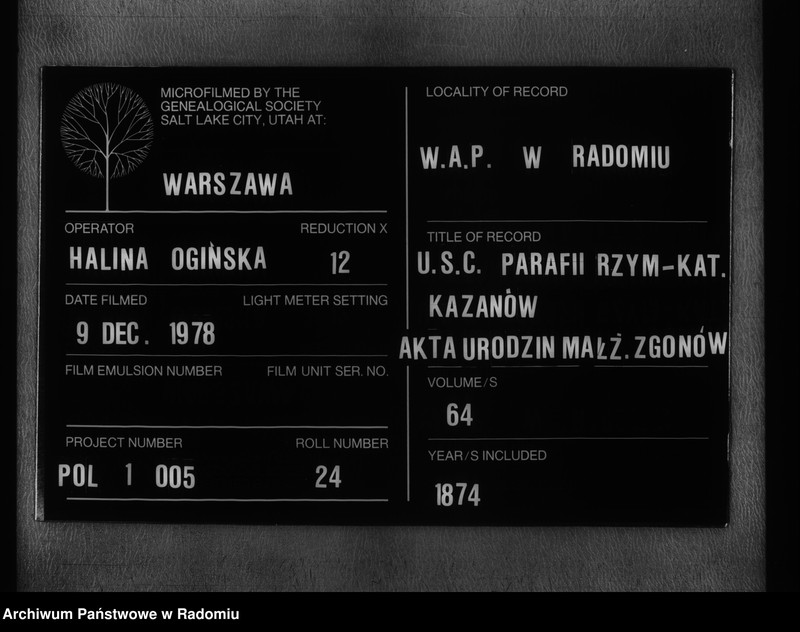 Obraz 1 z jednostki "Dublkat uroždennyh, brakosočetannnyh i umerših v rimsko-katoličeskom prihode Kazanov 1874 goda"