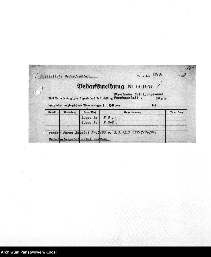 Obraz 20 z jednostki "Bedarfsmeldungen [Skierowane do GV zapotrzebowania na surowce, materiały, narzędzia, maszyny itp. potrzebne resortom pracy do produkcji; zamówienia żywności, lekarstw]"
