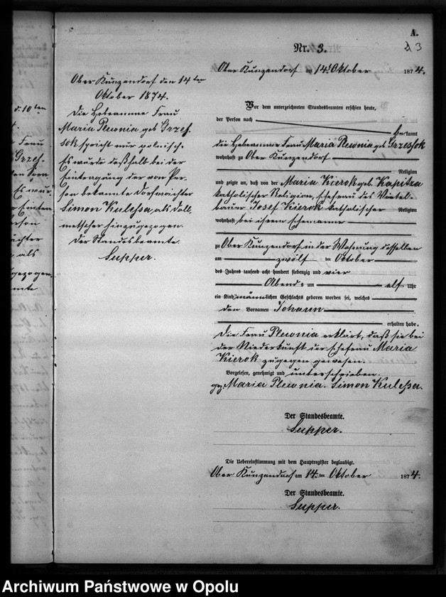 Obraz 6 z jednostki "Geburts-Neben-Register des Standesamtes Kunzendorf 1874"