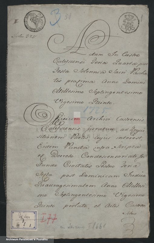 Obraz 1 z jednostki "Ekstrakt z ksiąg grodzkich kaliskich dekretu z 1725. 23. III w sprawie długów miasta Leszna; język łaciński"