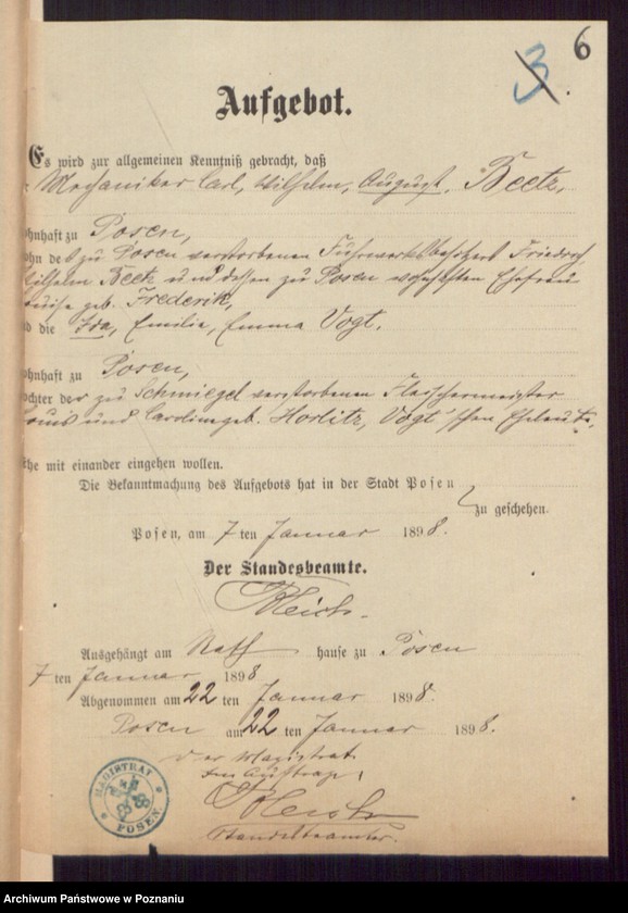 Obraz 8 z jednostki "Die von den Verlobten beigebrachten Urkunden zur Eheschliessung pro 1898"