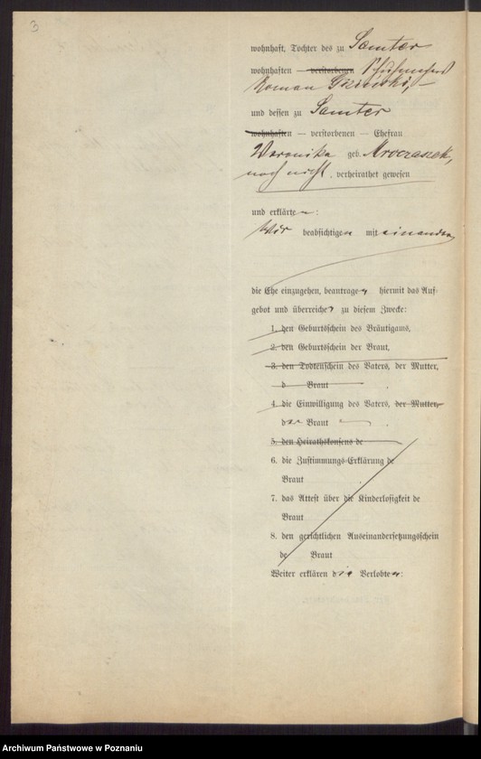 Obraz 5 z jednostki "Die von den Verlobten beigebrachten Urkunden zur Eheschliessung pro 1896"