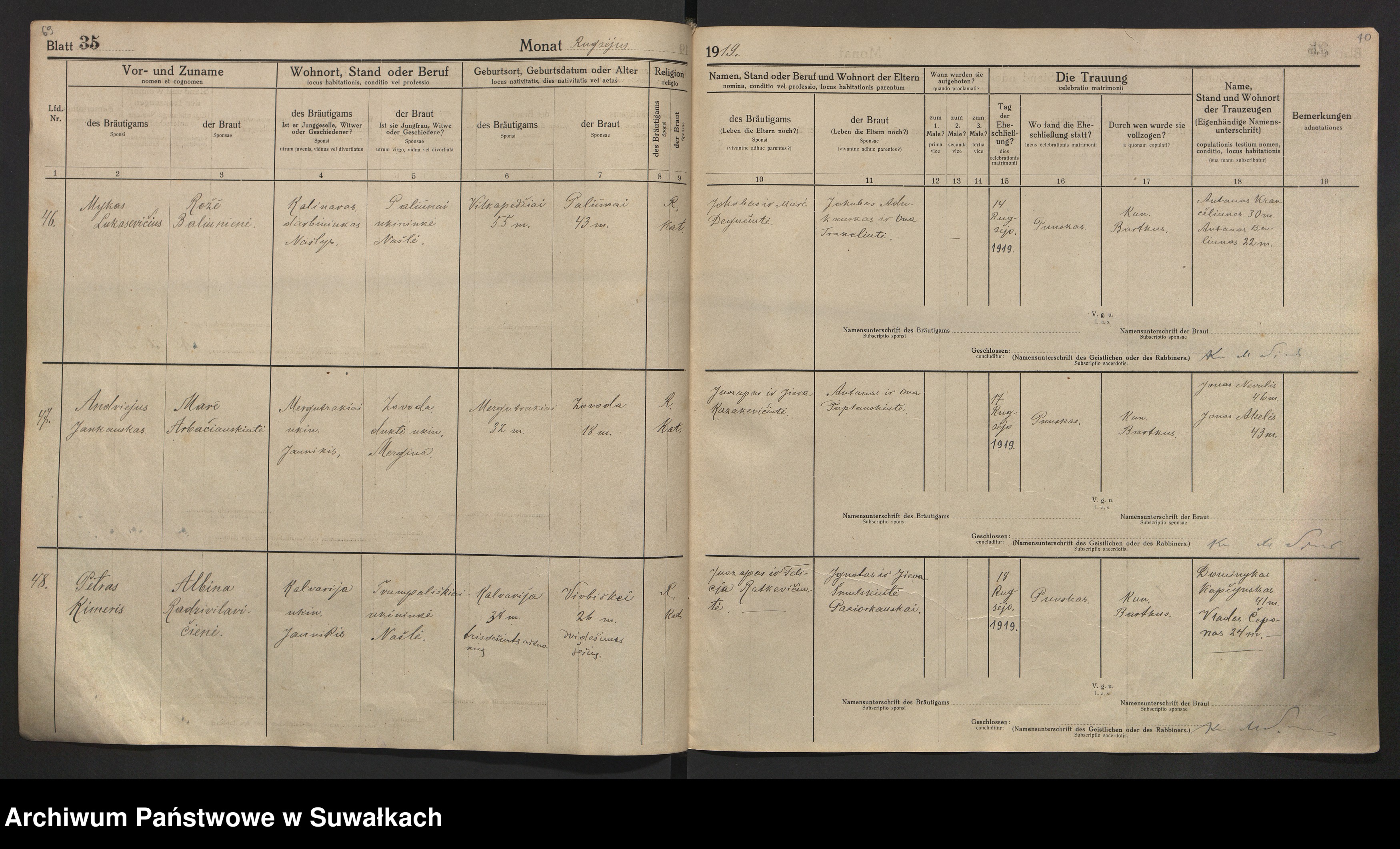Skan z jednostki: [Księga akt małżeństw parafii rzymskokatolickiej w Puńsku z lat 1918-1921]