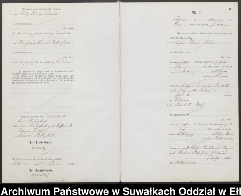 Obraz 8 z jednostki "Heiraths-Neben-Register des Preussischen Standes-Amtes [Orlowen] Kreis [Loetzen] für das Jahr 1882"