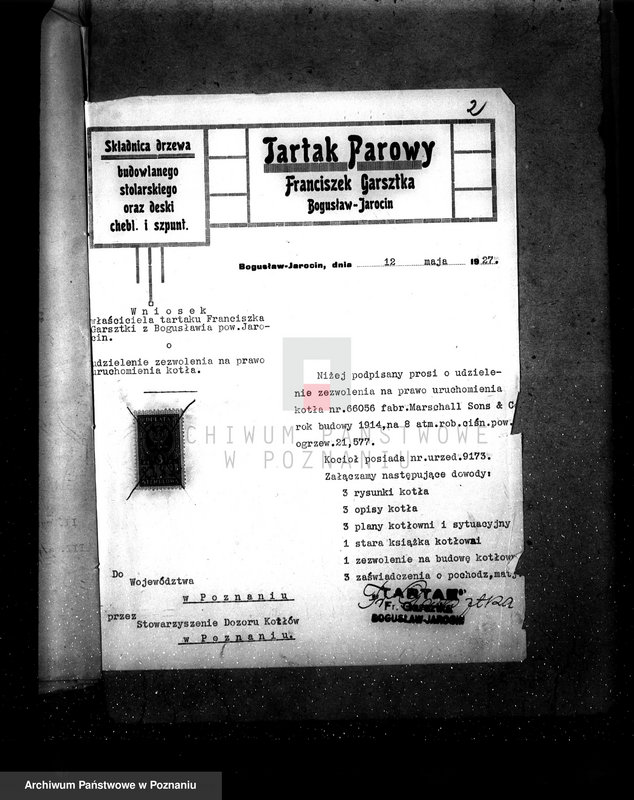 Obraz 6 z jednostki "Tartak w Bogusławiu pow. jarociński własność Fr. Garsztka nr woj. 3502 nr fabr. 66056"