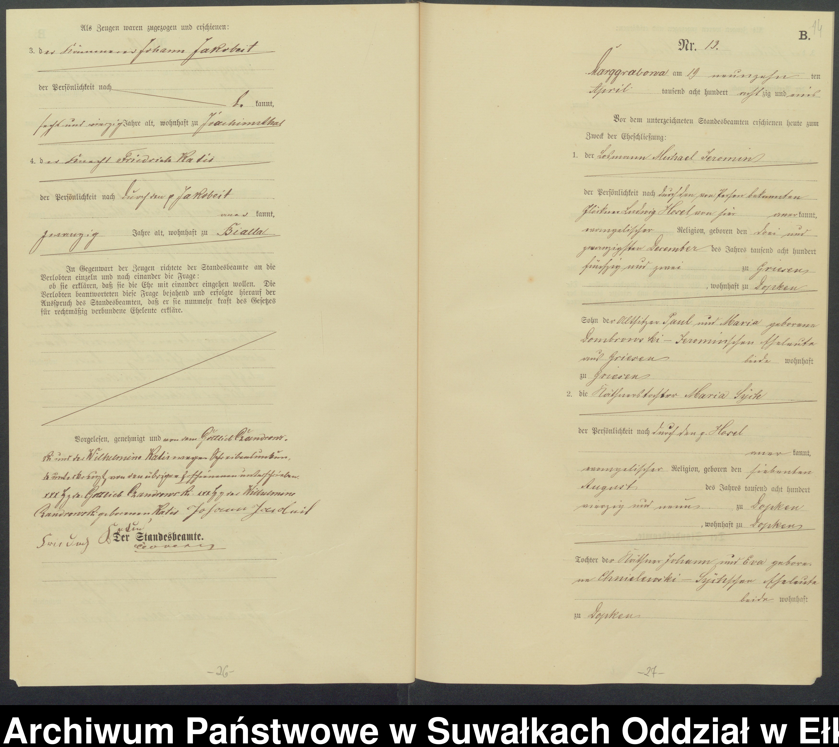 Skan z jednostki: Heiraths-Haupt-Register des Königlich Preussischen Standes-Amtes Landgemeinde Marggrabowa Kreis Oletzko