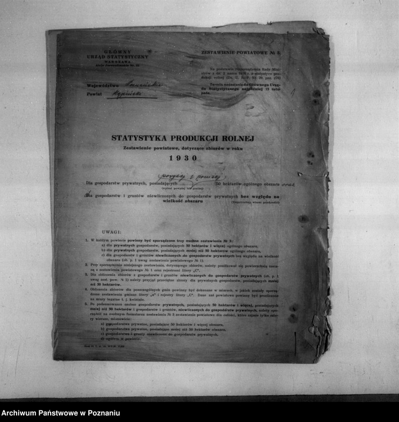 Obraz 3 z jednostki "/Statystyka produkcji rolnej - zestawienie zbiorów z 1930 r. z terenu powiatu kępińskiego/"