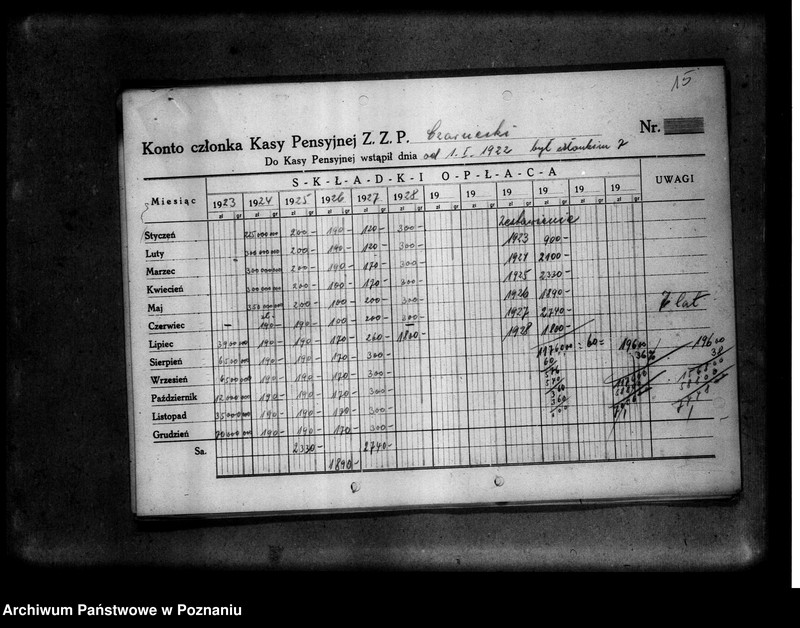 Obraz 15 z jednostki "Obliczone emerytury wypłacone z Kasy Emerytalnej "Wzajemnej Pomocy" urzędników Zjednoczenia Zawodowego Polskiego"