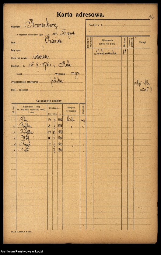 Obraz 18 z jednostki "[Spis ludności Łodzi] Kronenberg - Krugman"