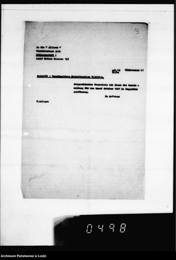 Obraz 17 z jednostki "Versicherungsakten Gesel[l]schaft [Korespondencja i polisy ubezpieczeniowe budynków i magazynów z żywnością, odzieżą, surowcami do produkcji w Getcie Łódzkim]"