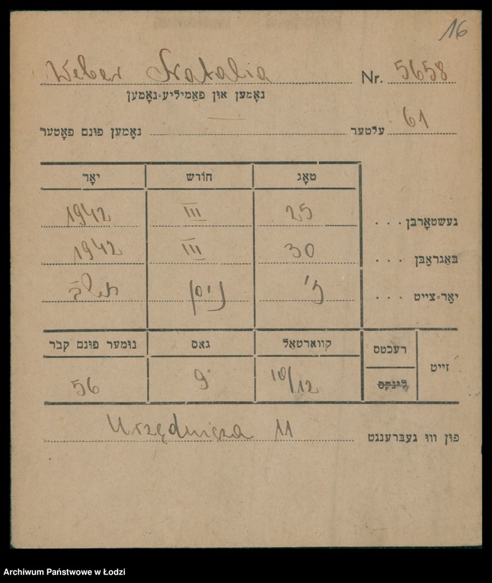 Obraz 17 z jednostki "Kartoteka osób pochowanych na cmentarzu żydowskim przy ulicy Brackiej w latach 1892-1957. Nazwiska na litery: Wd-Wis"