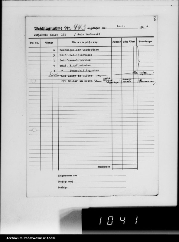 Obraz 13 z jednostki "Kripo.Unterlagen 200-450 [Kartoteka skonfiskowanego majątku ruchomego u Żydów]"