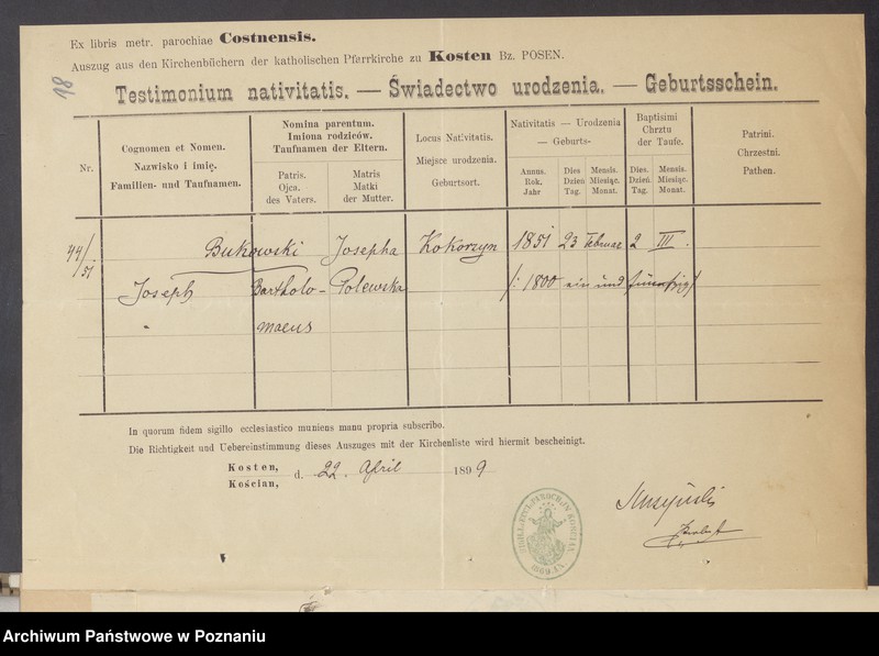 Obraz 20 z jednostki "Die von den Verlobten beigebrachten Urkunden zur Eheschliessung pro 1899"