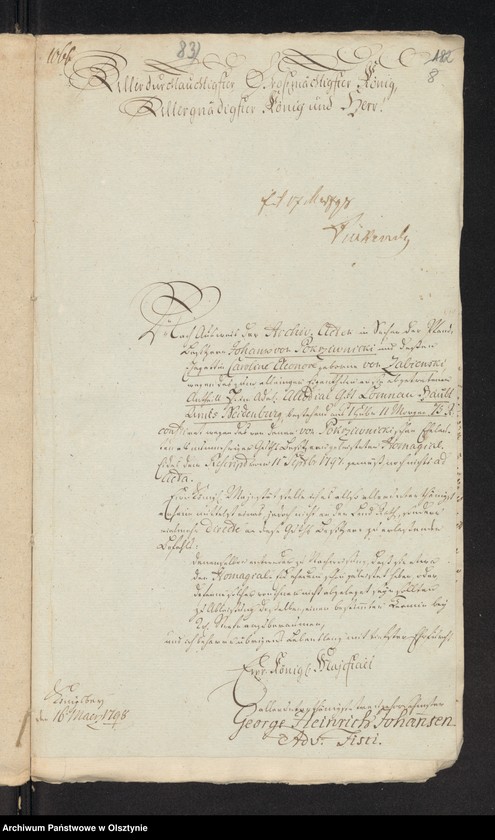 image.from.unit.number "In S. [Sache] der Pfandsbesitzern Johann v. [von] Pokrzywnicki und deßen Ehegathin Caroline Eleonore geboren von Zabienski wegen des zum alleinigen Eigenthum an sie abgetretenen Antheils F im adl. [adeliche] Allodial Gut Lomnau [Łomno] Haupt Amts Neidenburg [Nidzica] bestehend aus 1 Hube 11 Morgen 15 R. [Rute]"
