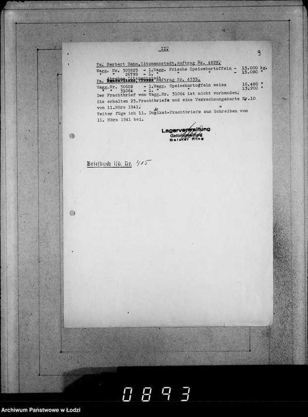 Obraz 13 z jednostki "Ablage [Korespondencja dostawców do Getta dot.wagonowych przesyłek produktów żywnościowych, opału do stacji Radogoszcz]"