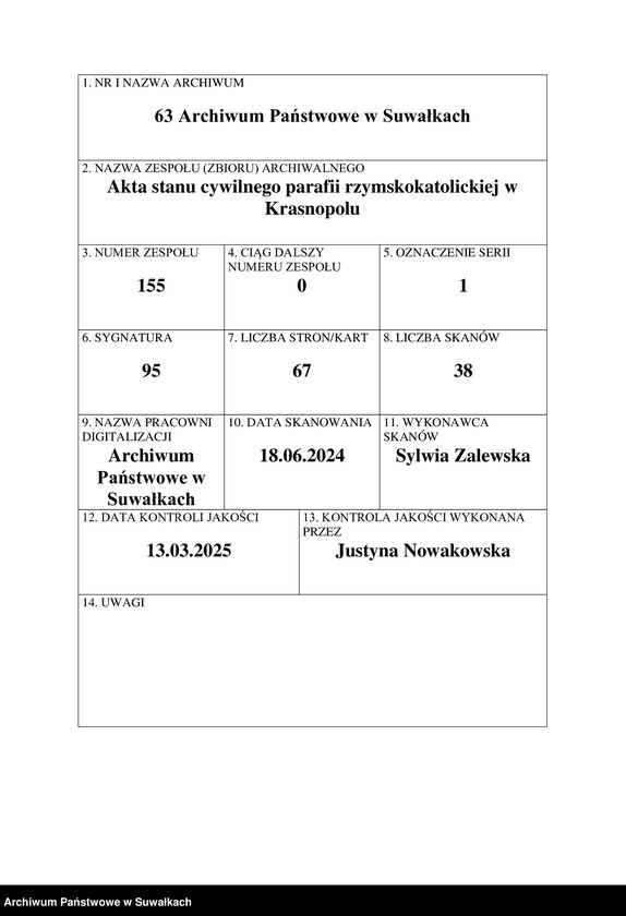 image.from.unit.number "Duplikat Akt Urodzonych, Zaślubionych i Umarłych z Parafii Rzymsko-Katolickiej Krasnopolskiej z roku 1866."