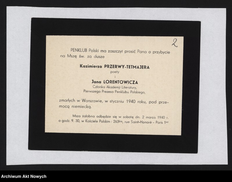 image.from.unit.number "Association France-Pologne; Załączniki: zaproszenie na nabożeństwo żałobne za Kazimierza Przerwę-Tetmajera i Jana Lorentowicza (2 egz., j. pol. i j. fr.); L.1"