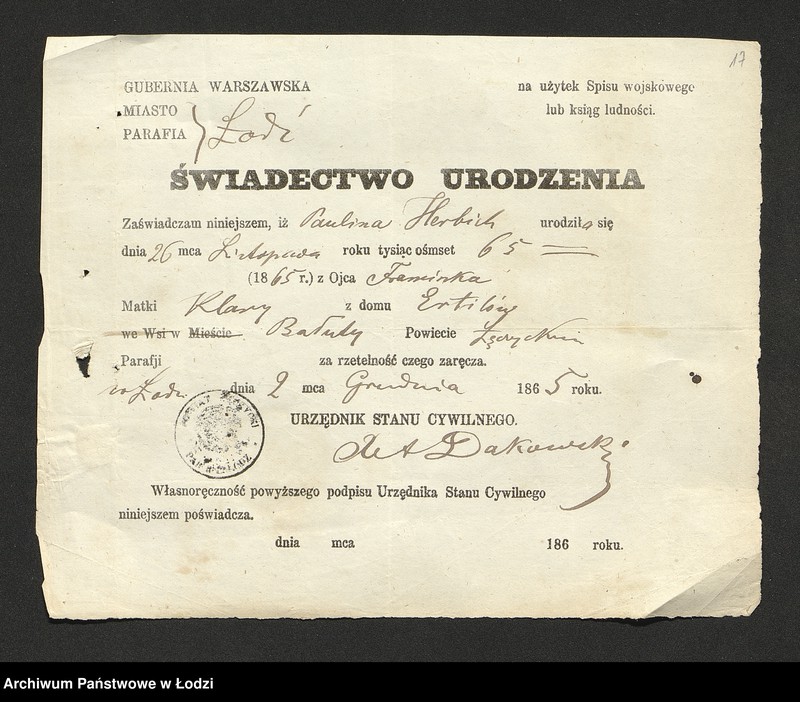 Obraz 19 z jednostki "Dowody metrykalne stałych mieszkańców osady Bałuty nr domu 19"