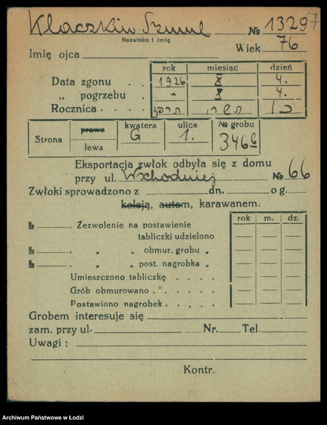 Obraz 8 z jednostki "Kartoteka osób pochowanych na cmentarzu żydowskim przy ulicy Brackiej w latach 1892-1959. Nazwiska na litery: Kl-Kn"