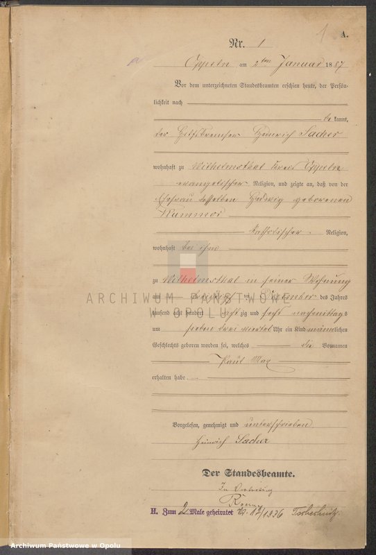 Obraz 5 z jednostki "Urząd Stanu Cywilnego w Opolu 1887 Rejestr Urodzeń Księga Miejscowa Nr 1 do 331"