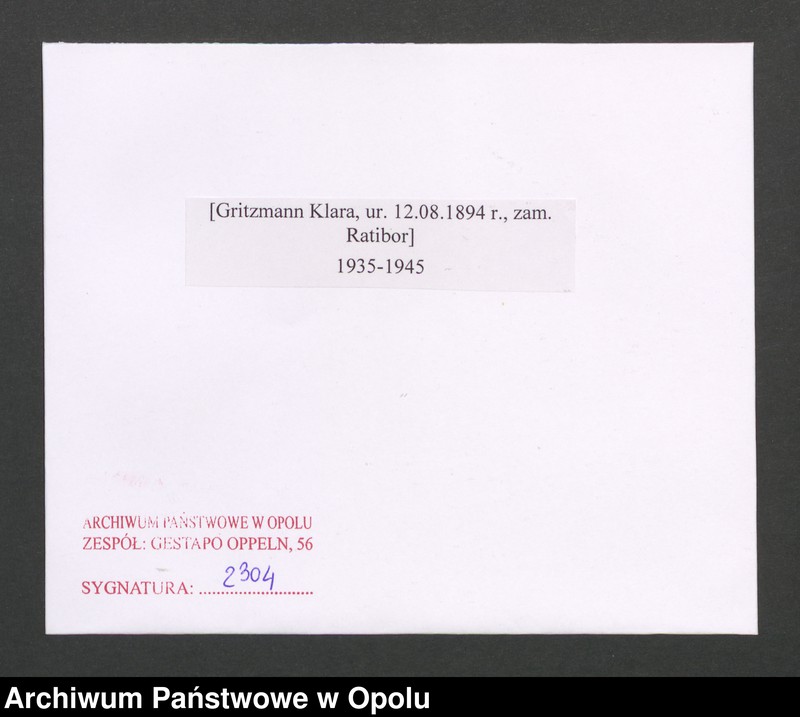 Obraz 2 z jednostki "[Gritzmann Klara, ur. 12.08.1894 r., zam. Ratibor]"