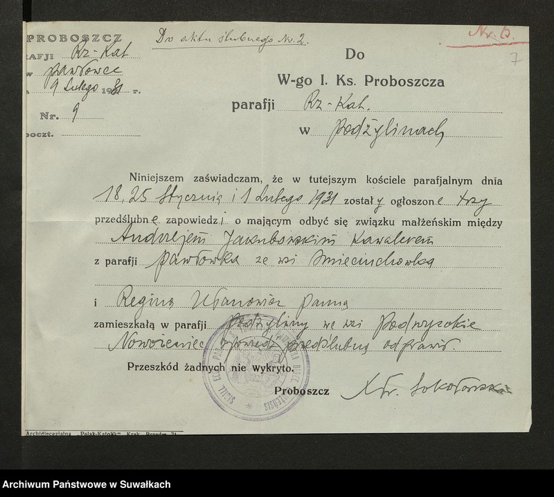 Obraz 9 z jednostki "Aneksy do aktów ślubnych parafji Podżyliny za 1931 rok"