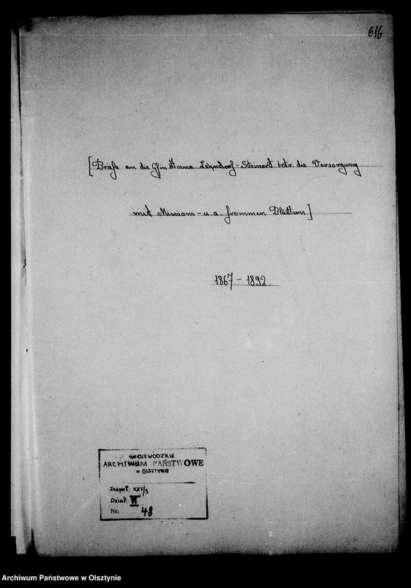 image.from.unit.number "/Briefe an die Gfin Anna Lehndorff- Steinort betr. die Versorgung mit Missions- a. a. frommen Blättern/"