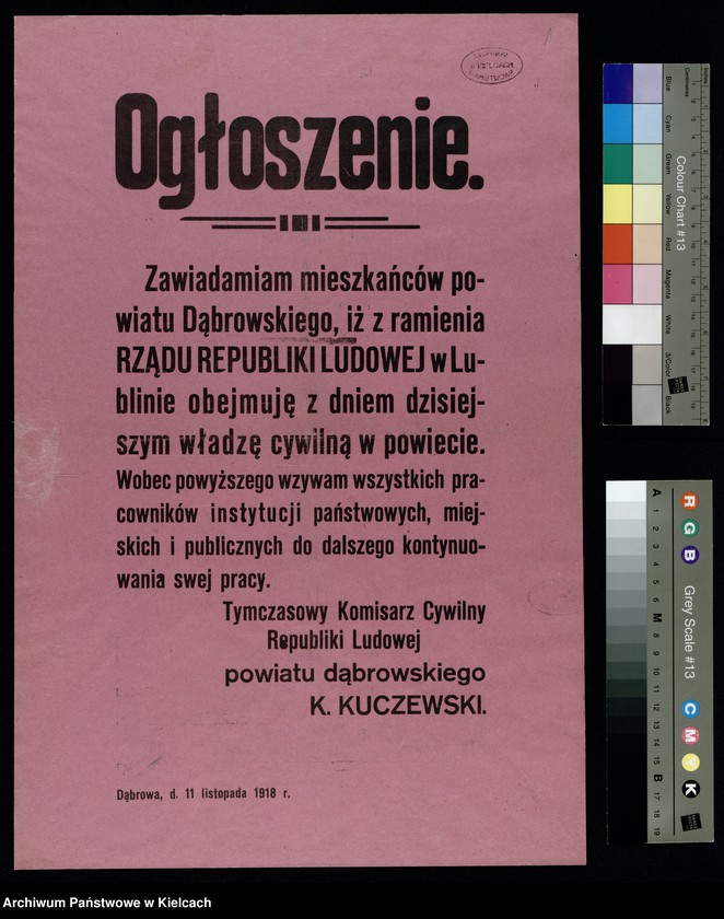 Obraz 1 z kolekcji "Afisze, plakaty dotyczące wydarzeń politycznych i społecznych w Kielcach, lata 1915-1919111"