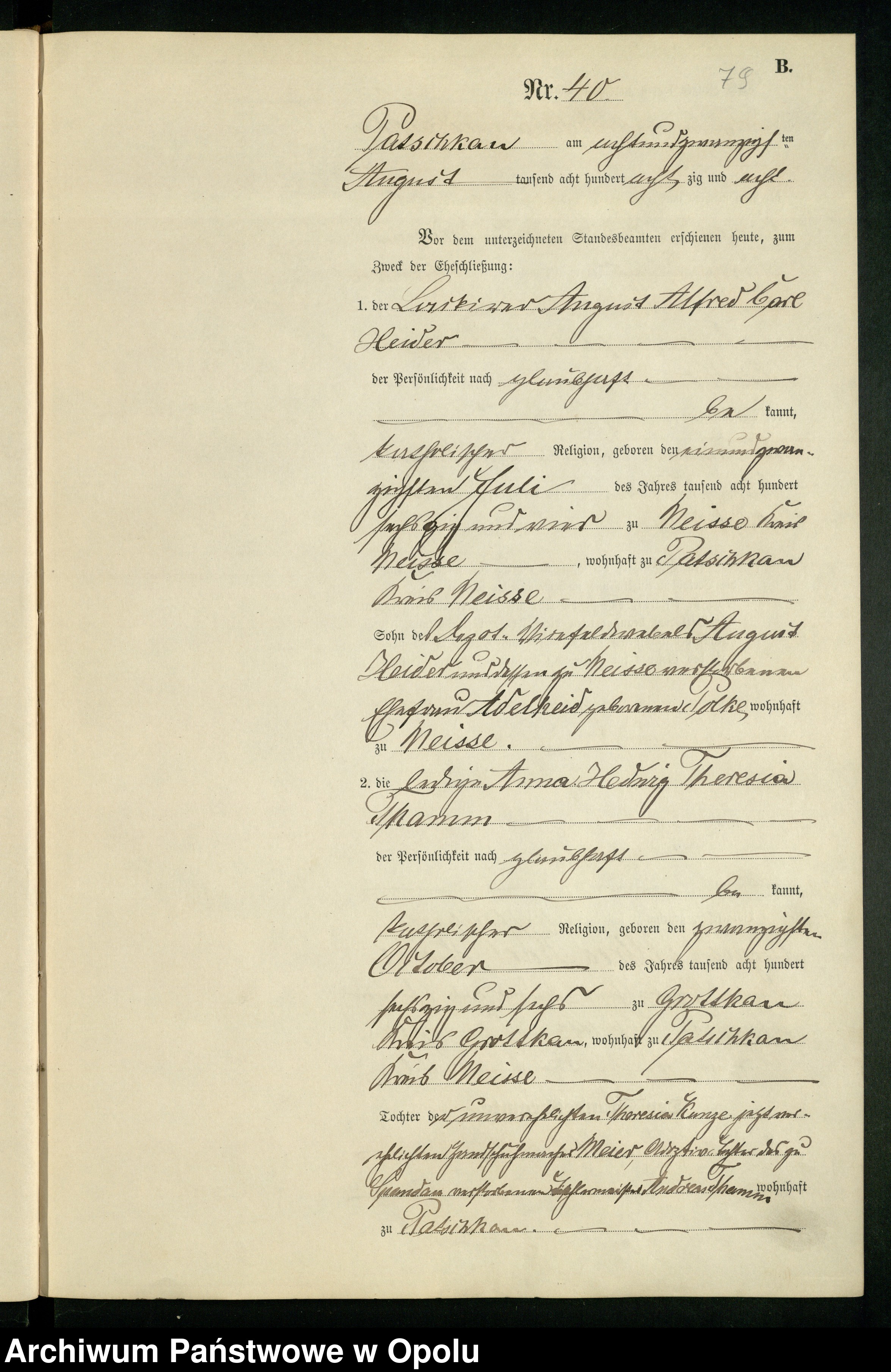 Skan z jednostki: Heiraths-Haupt-Register des Standesamts Patschkau (Stadt und Land) pro 1888