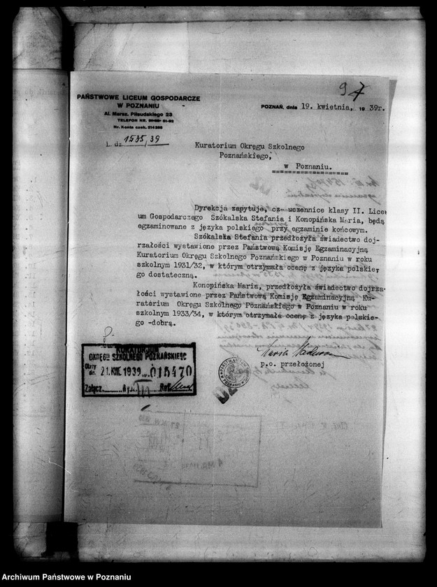 Obraz 13 z jednostki "Państwowe Liceum Gospodarcze- Poznań [lista uczennic klasy II. lic.]"