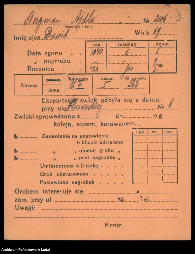 Obraz 4 z jednostki "Kartoteka osób pochowanych na cmentarzu żydowskim przy ulicy Brackiej w latach 1892-1955. Nazwiska na litery: Bergm-Berz"