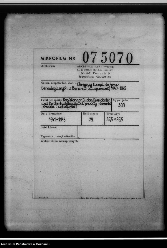 Obraz 2 z jednostki "Register der Juden, Dissidenten und Kirchenbuchduplikate [powiaty: śremski, średzki i wolsztyński]"