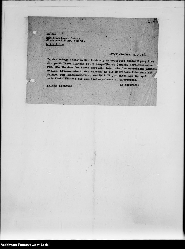 Obraz 10 z jednostki "Auftrag 5934. Warenverwertung an den Judenältesten für Munitionslager Lublin. Geschosskörbe"