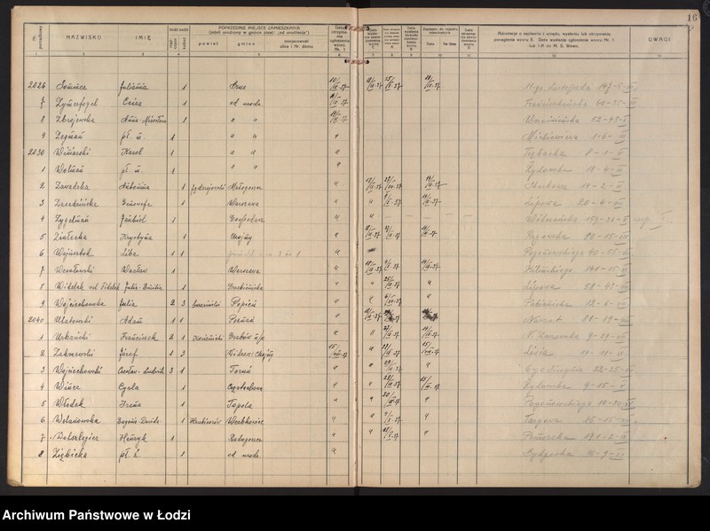 Obraz 19 z jednostki "Księga kontroli ruchu ludności (rejestr osób przybywających do gminy) Łódź, zespół VIII, lit. U, W, Z, Ż"