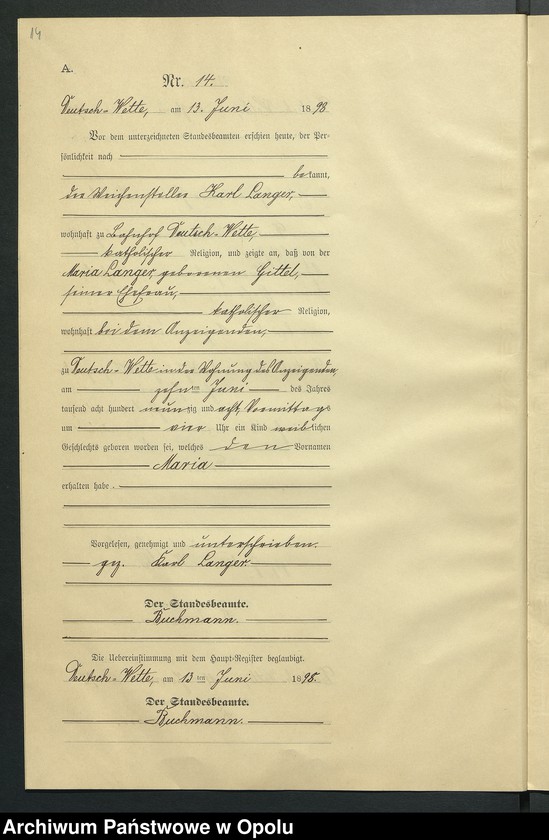 Obraz 18 z jednostki "Geburts-Neben-Register des Standesamts Deutsch Wette pro 1898"