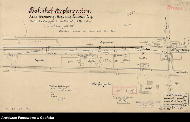 image.from.unit.number "Eisenbahndirektionsbezirk Bromberg. Bahnstrecke: Hohensalza - Bromberg. Bahnhof Hopfengarten. Kreis Bromberg. Regierungsbez. Bromberg. Mitte Empfangsgeäude km 29,86. Telegr. Abkürz. Hpg. Zustand im Juli 1913"